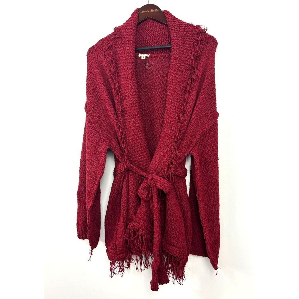 New POL Womens Size L Burgundy Sweater Belted Fringed Cardigan Cozy Shawl Collar
